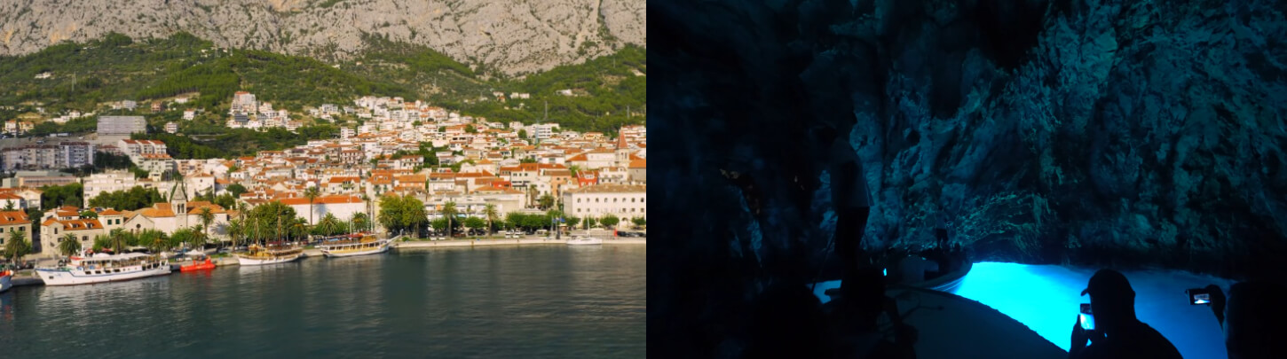 left picture of Makarska, right picture of Blue Cave