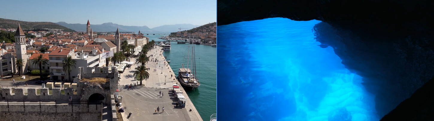left picture of Trogir, right picture of Blue Cave